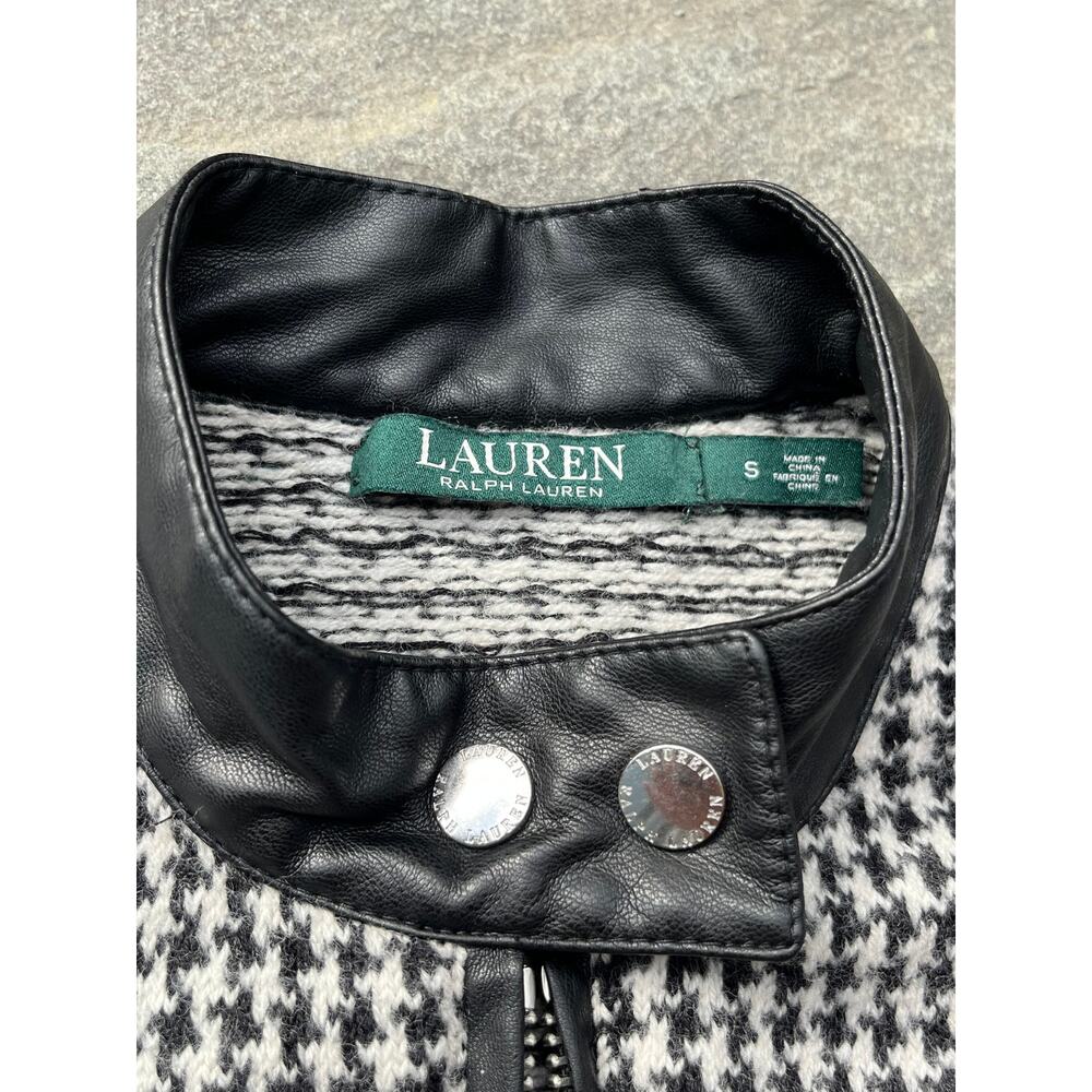 Lauren Ralph Lauren Houndstooth Moto Jacket Small Black White Faux Leather Trim - Picture 2 of 5